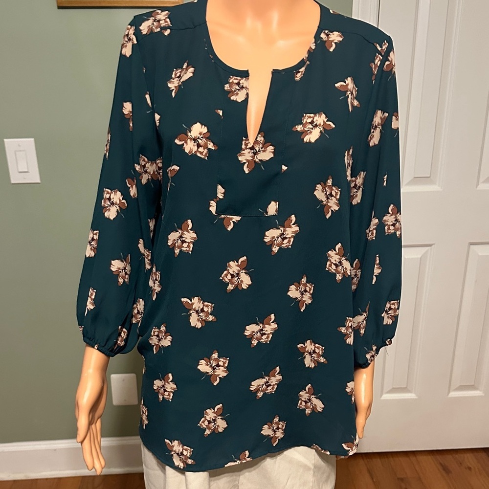 West Kei Teal Floral Split-Neck Blouse